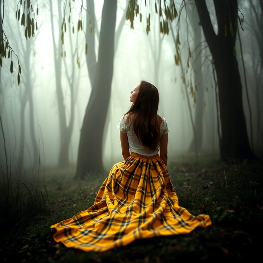 Girl in Forest Hollow with Yellow Plaid Skirt