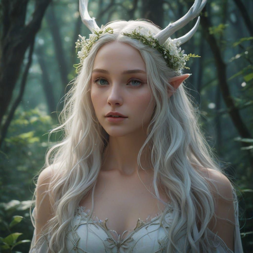 Majestic Elf Maiden in Mystical Forest Dreamscape