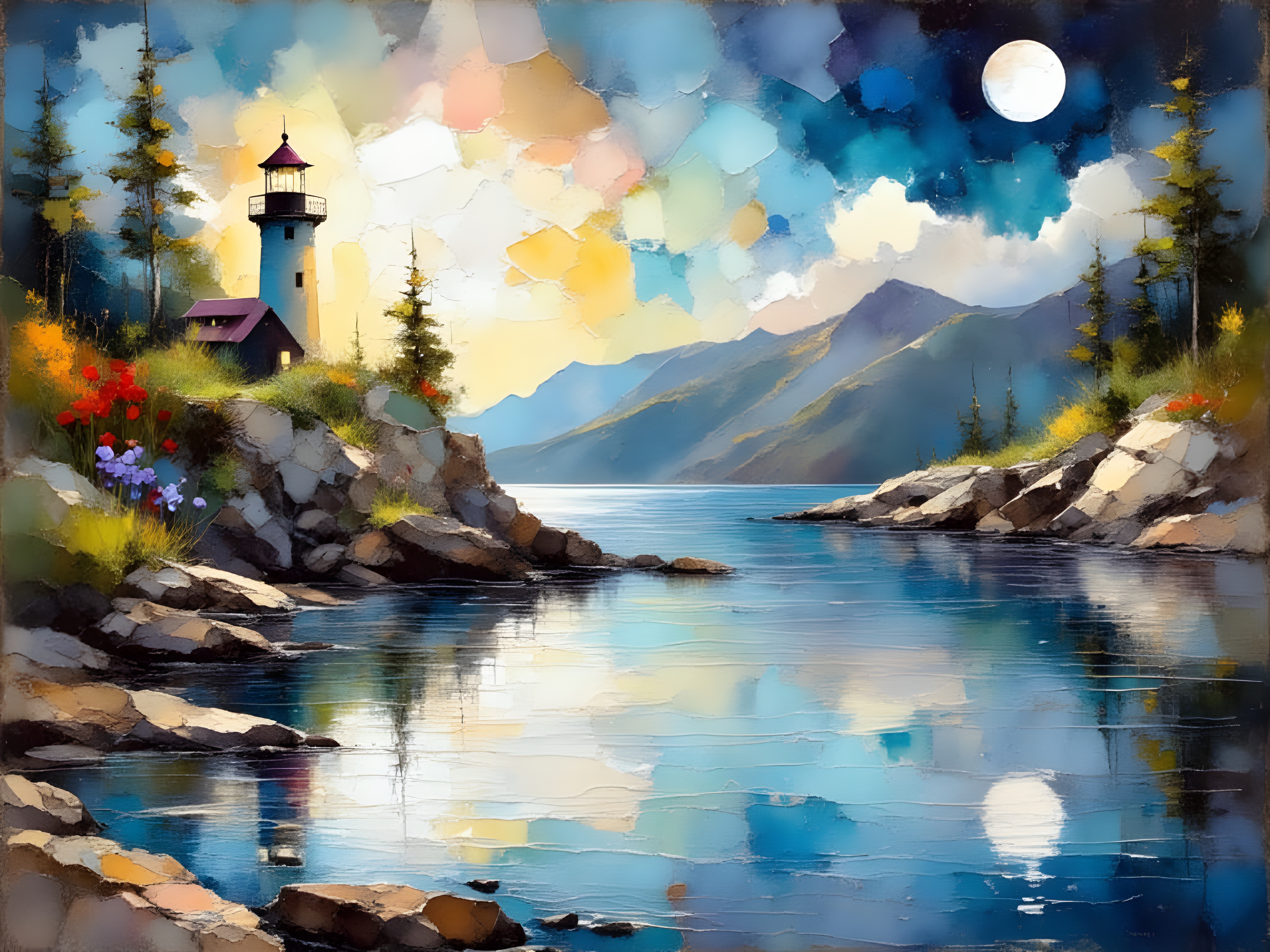 Majestic Lighthouse at Night in Impasto Style