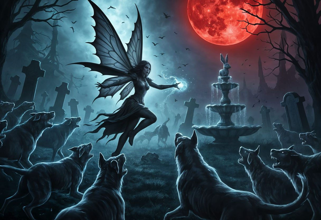 Gothic Fairy Battles Hellhounds in Haunted Graveyard