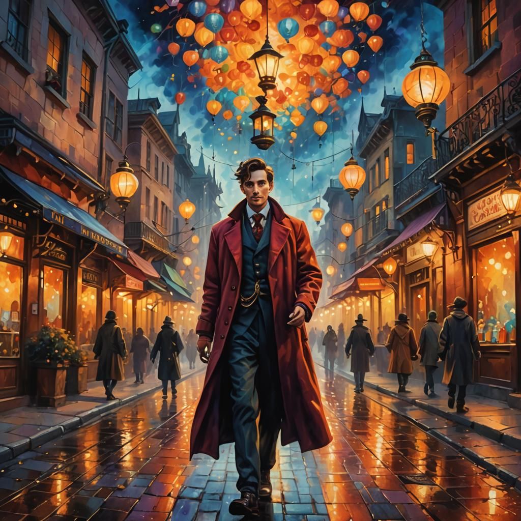Illusionist in Steampunk City: Oil Painting in Sunset Colors
