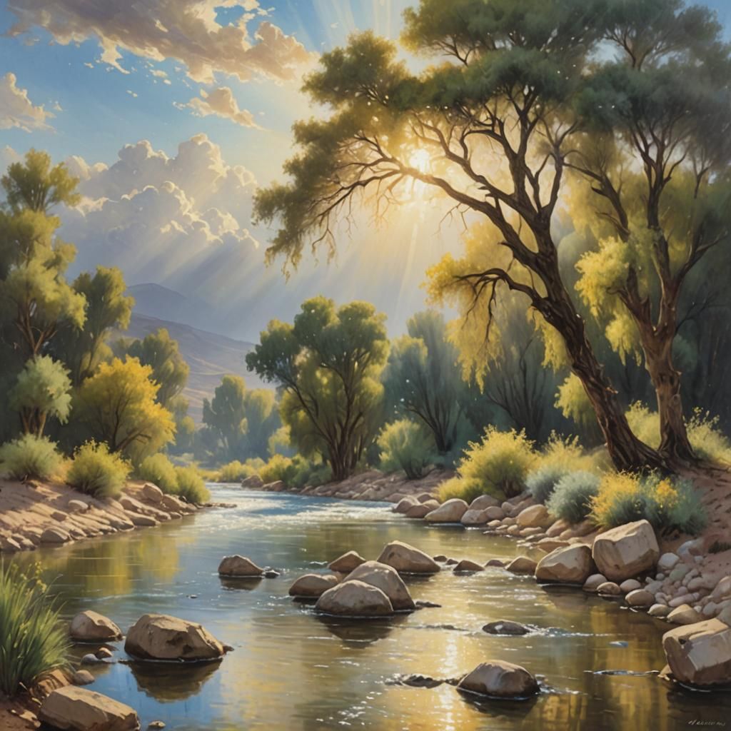 Jordan River Oil Painting with Divine Sunshine