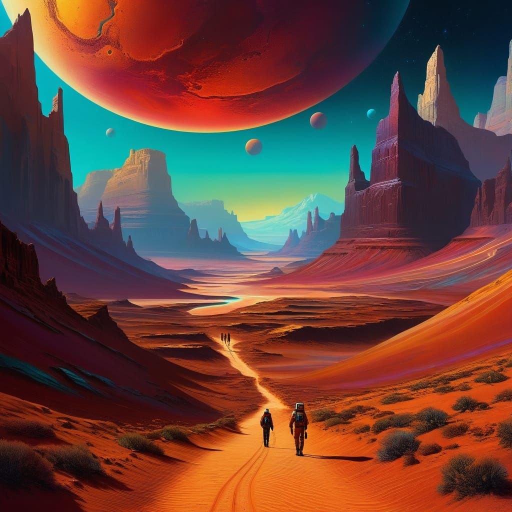 Surreal, Retro-Futuristic Tourists on Mars in Oil Painting S...