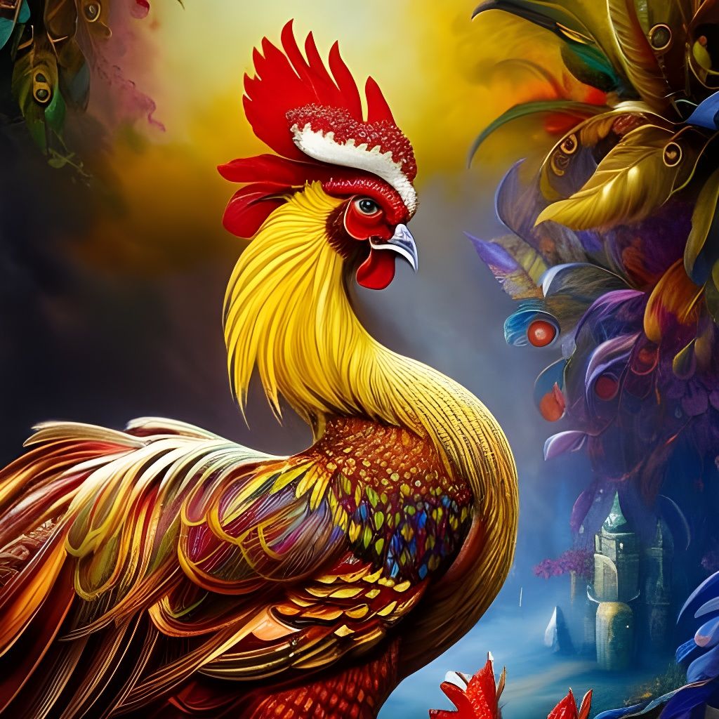 Ornate Rooster in Video Game Cutscene Style