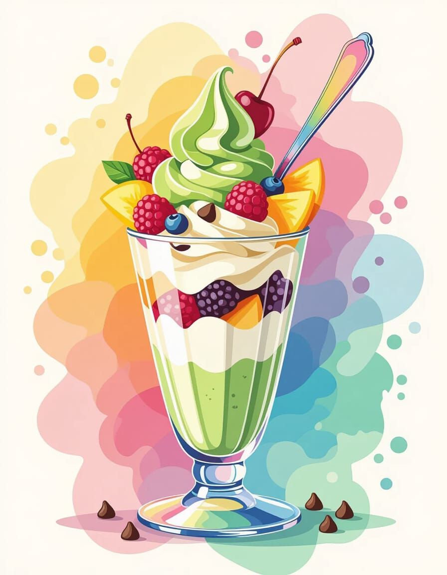 Matcha Parfait with Fruits in Watercolor Splash Art