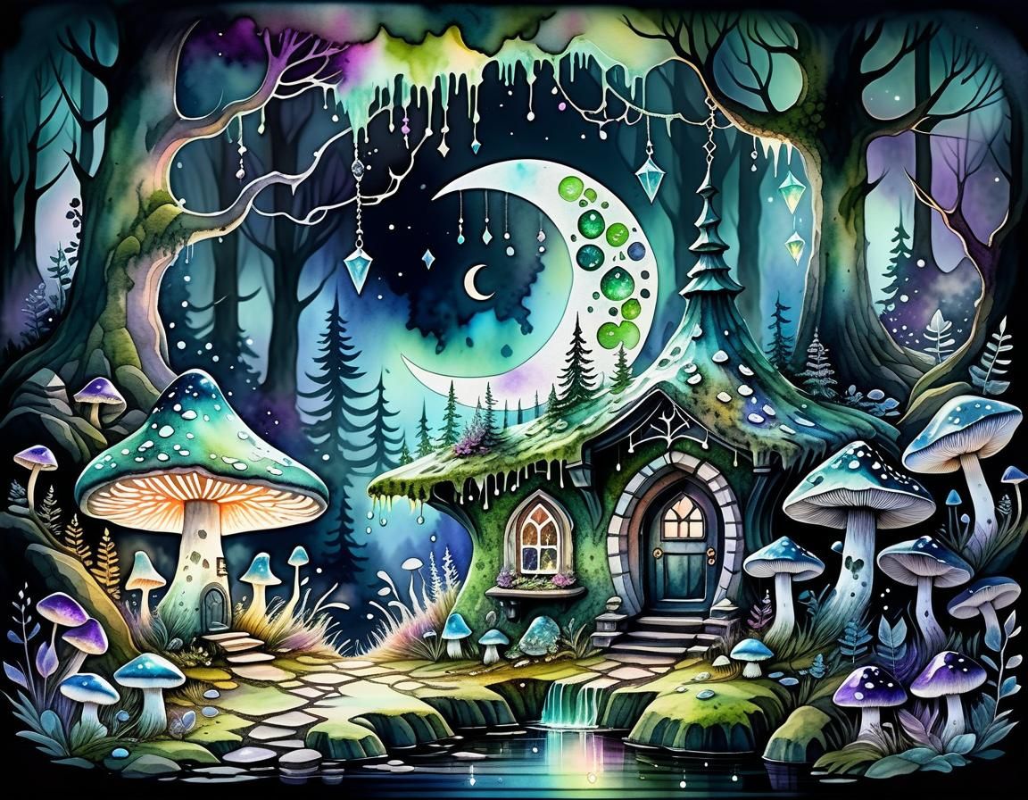 Magical Mossy Forest with Pagan Home in Watercolor