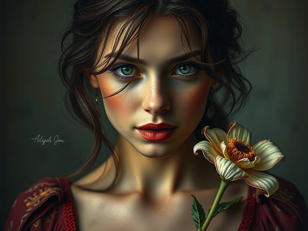 Photorealistic Woman Portrait with Flower in Grunge Style