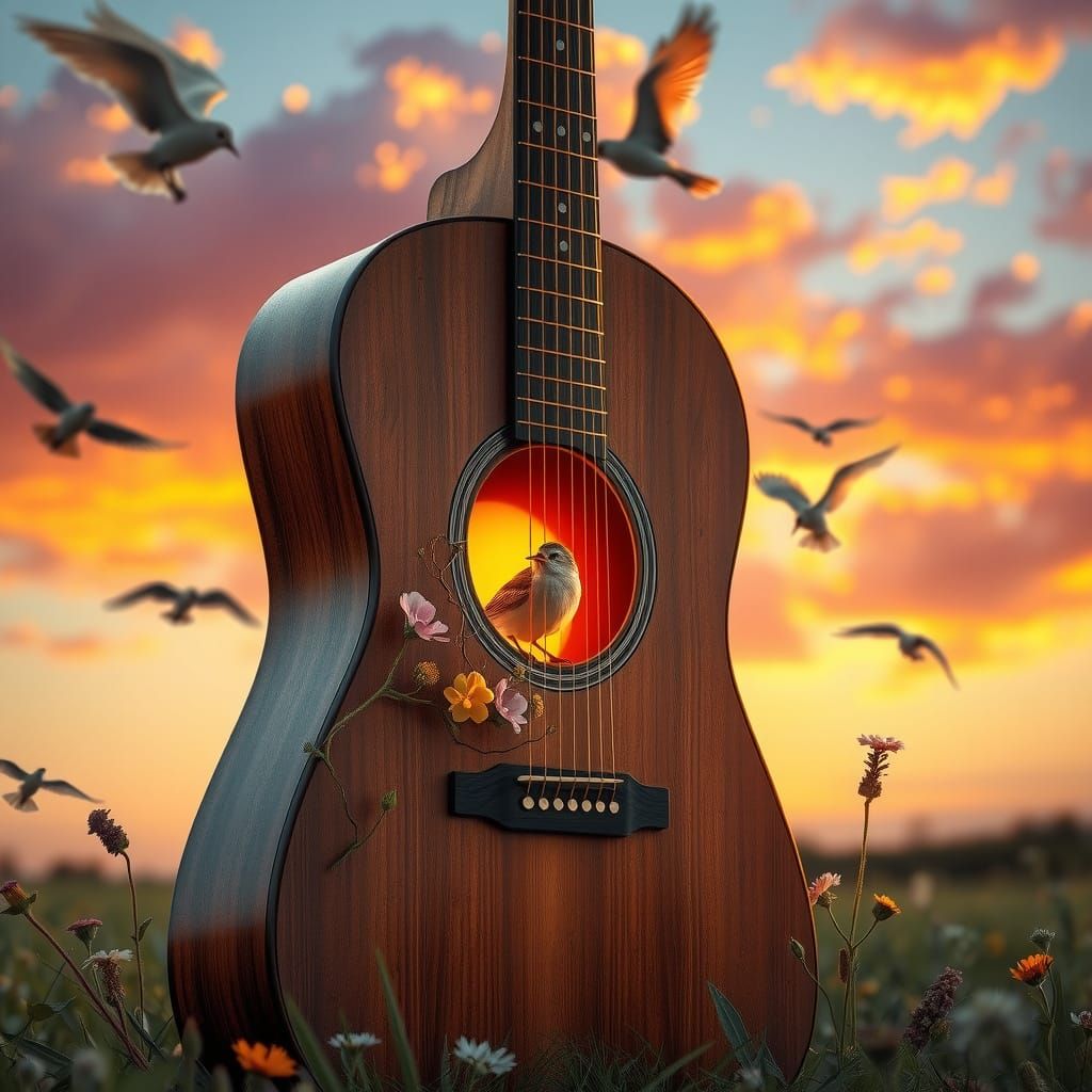 Magical Sunset Guitar in Meadow with Flowers and Sparrow