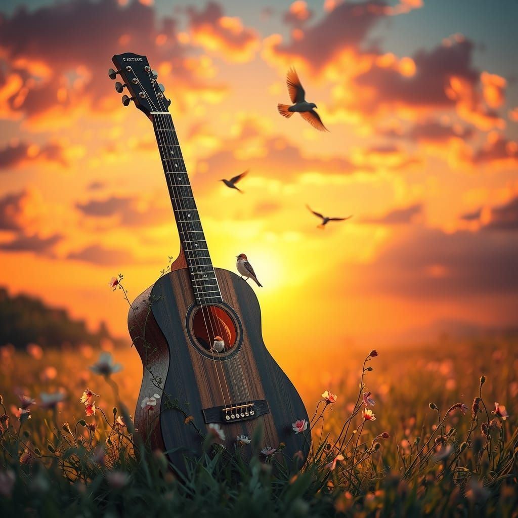 Magical Sunset Guitar in Flower Meadow with Sparrow