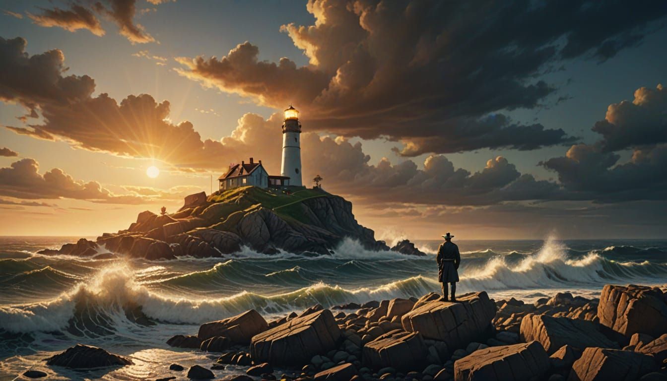 Lighthouse Keeper in Stormy Seas: Hyperrealistic Concept Art