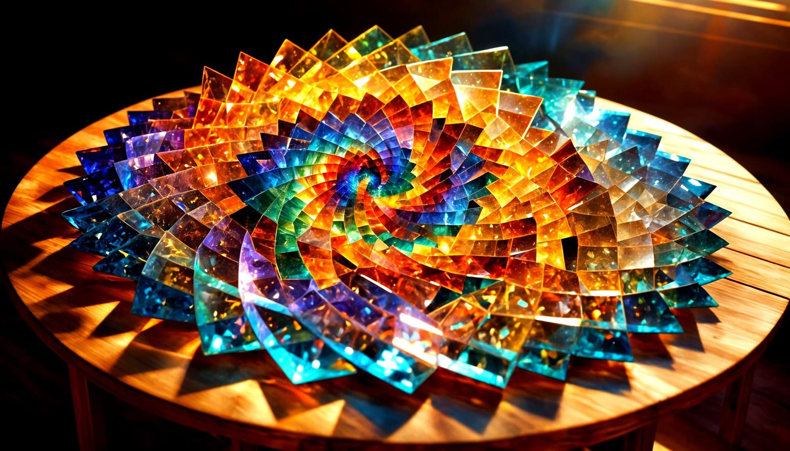 Crystal Fractal Prism Suspended Above Wooden Table