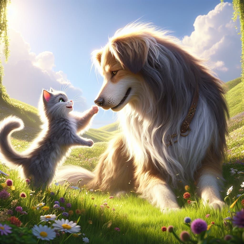 Playful Cat and Majestic Dog in Sunlit Meadow