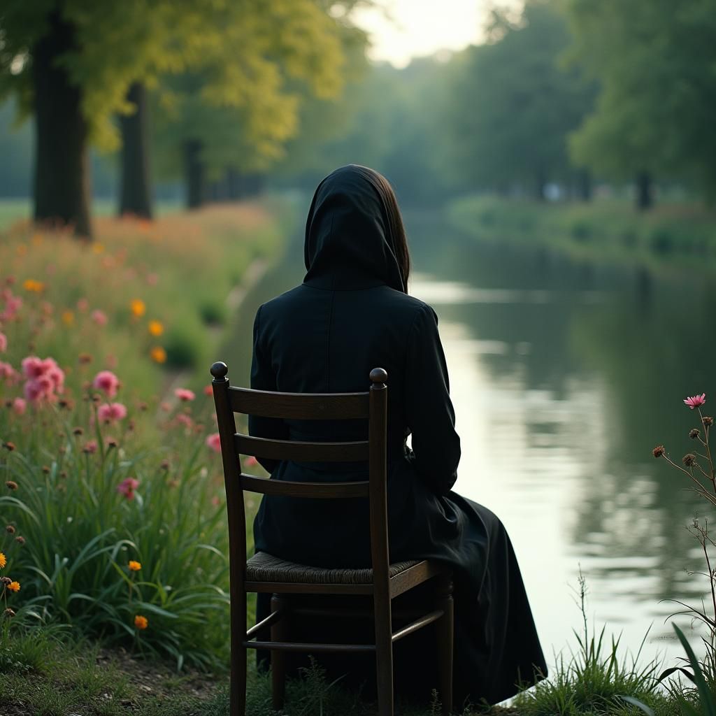 Contemplative Figure at River's Edge in Cinematic Style