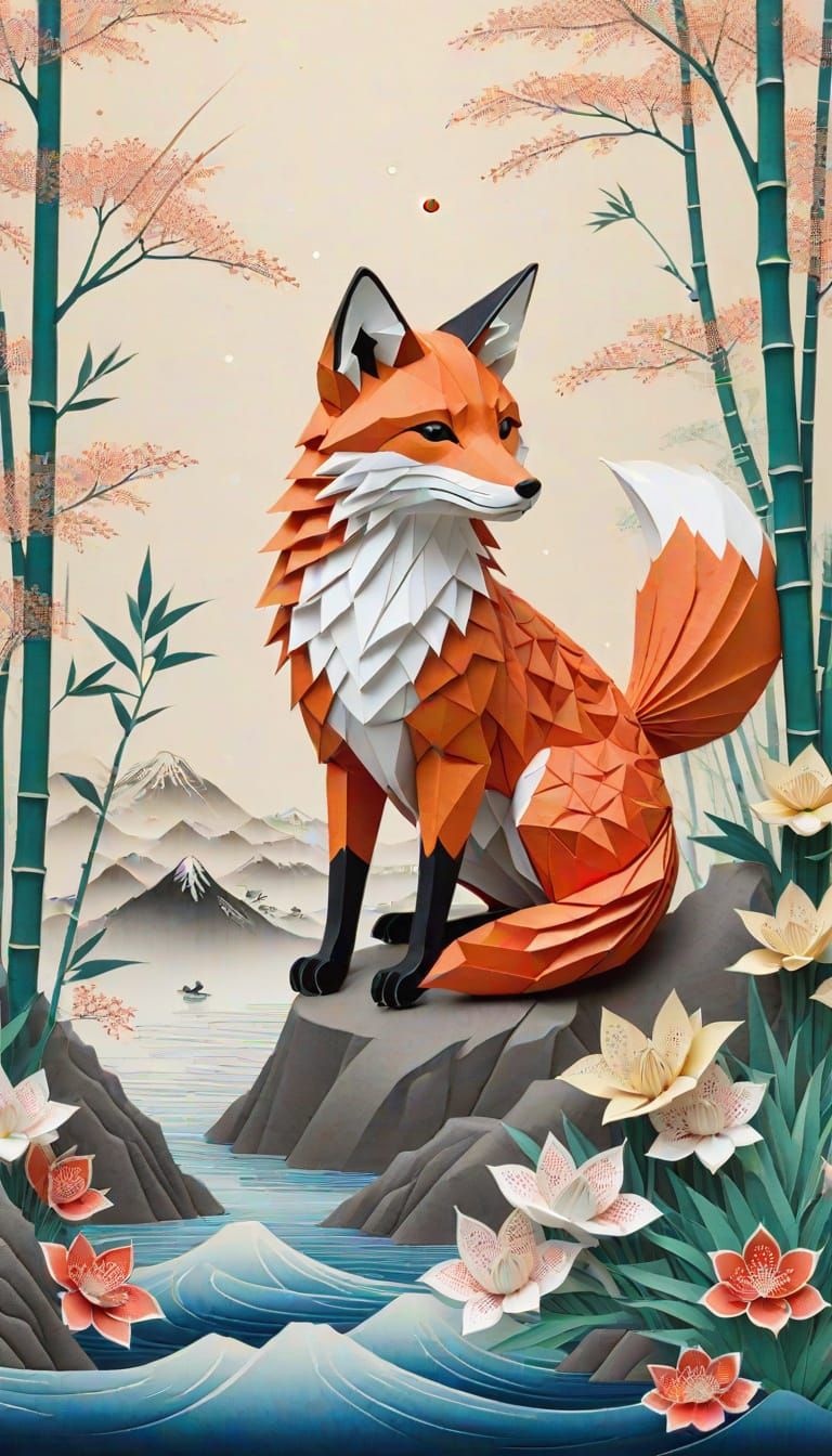 Origami Kintsuni Fox Ascends Delicate Bamboo Branch in Vibra...