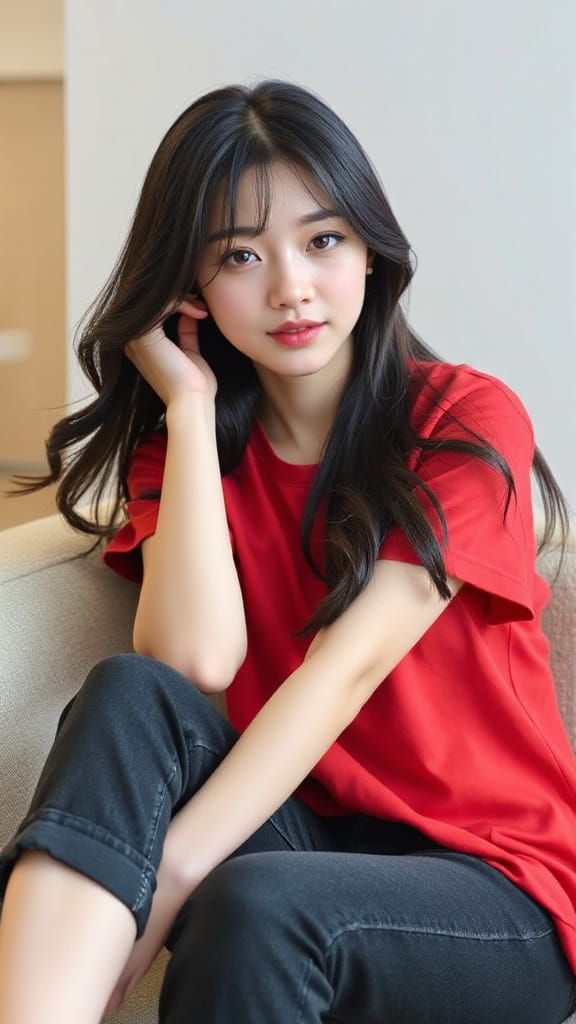 Beautiful Korean Woman with Red Top and Black Jeans