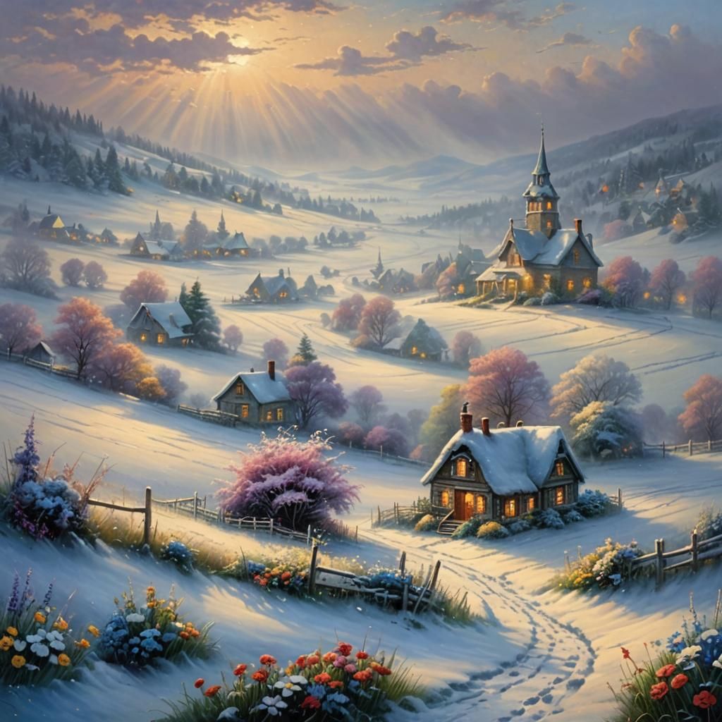 Ethereal Frozen Field with Flowers in Fantasy Style
