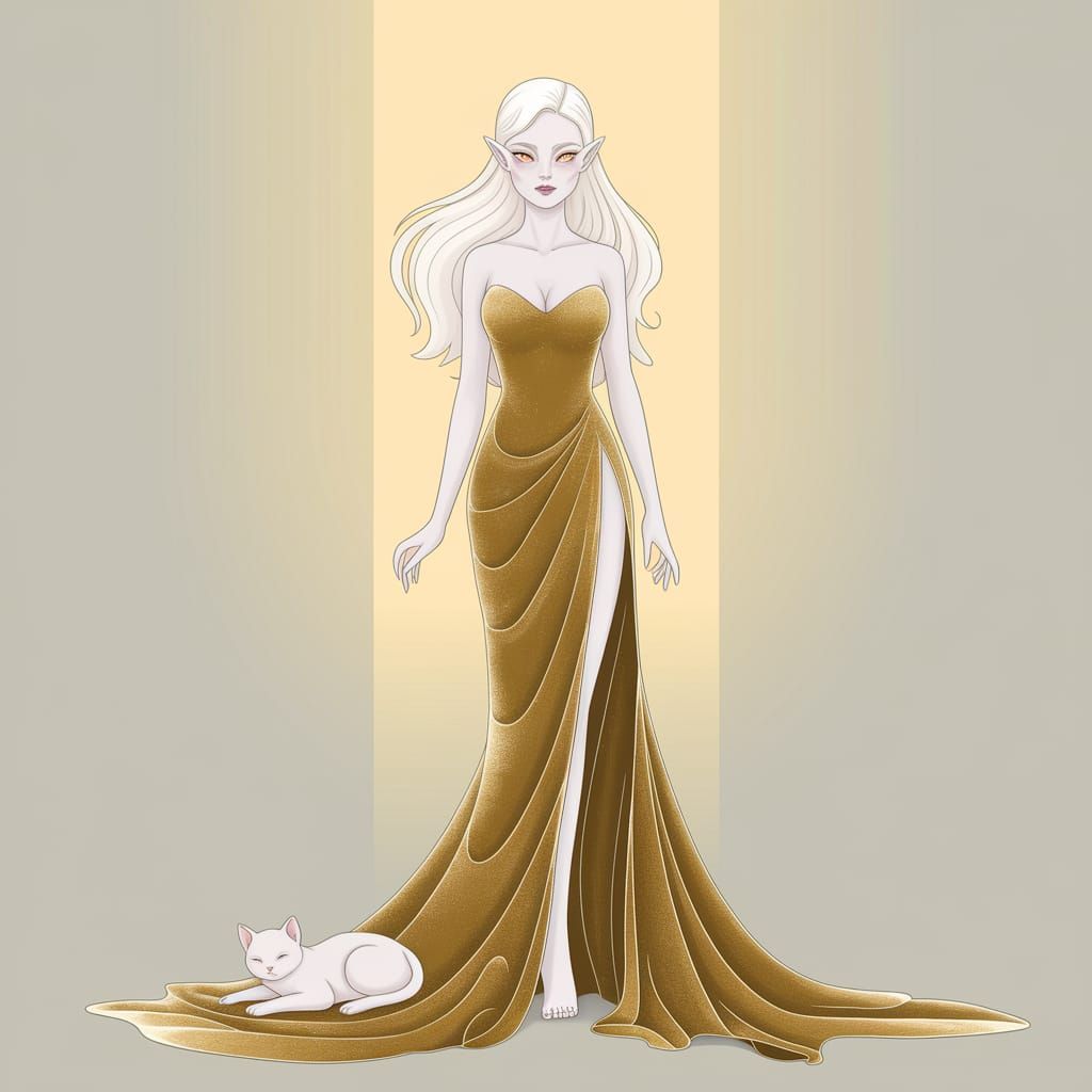Ethereal Albino Goddess in Gold Velvet Gown