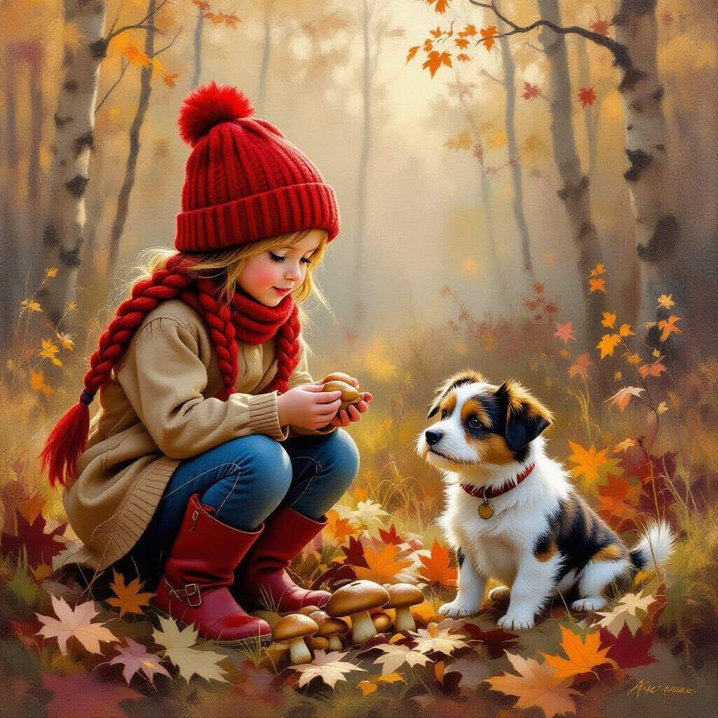 Autumn Forest Scene: Girl Picks Mushrooms With Dog