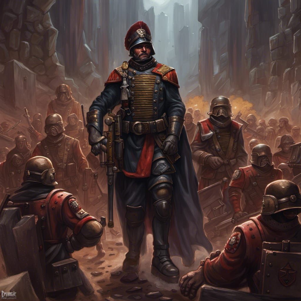 Gritty Imperial Guard Leader in Dark Fantasy Art