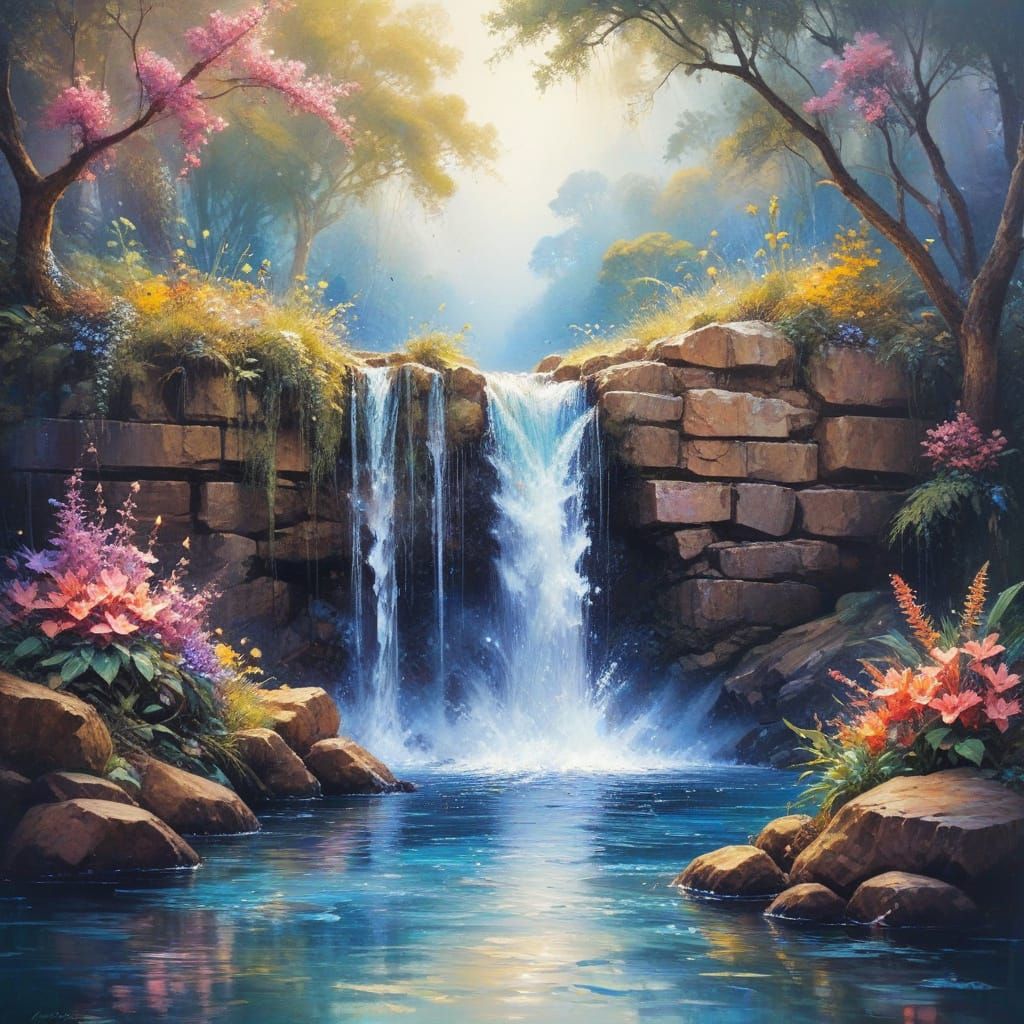Ethereal Waterfall Scene in Oil Painting Style