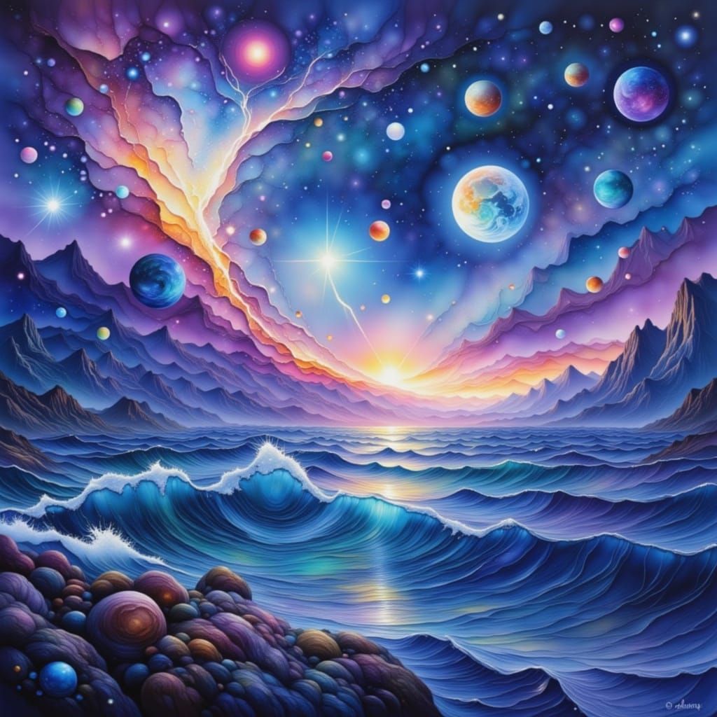 Cosmic Ocean with Moon and Planets in Alcohol Ink Style