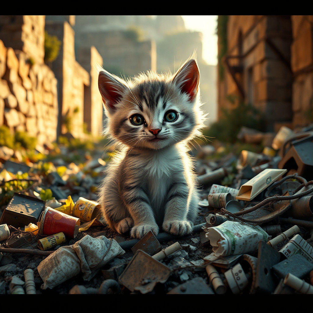 Mischievous Kitten Among Ancient City Debris