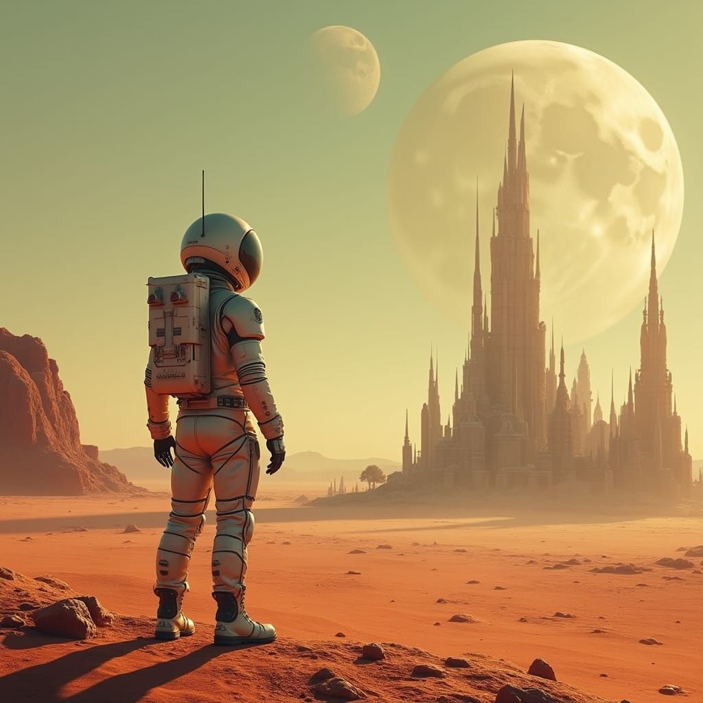 Martian Settler Gazing at Ancient City Ruins