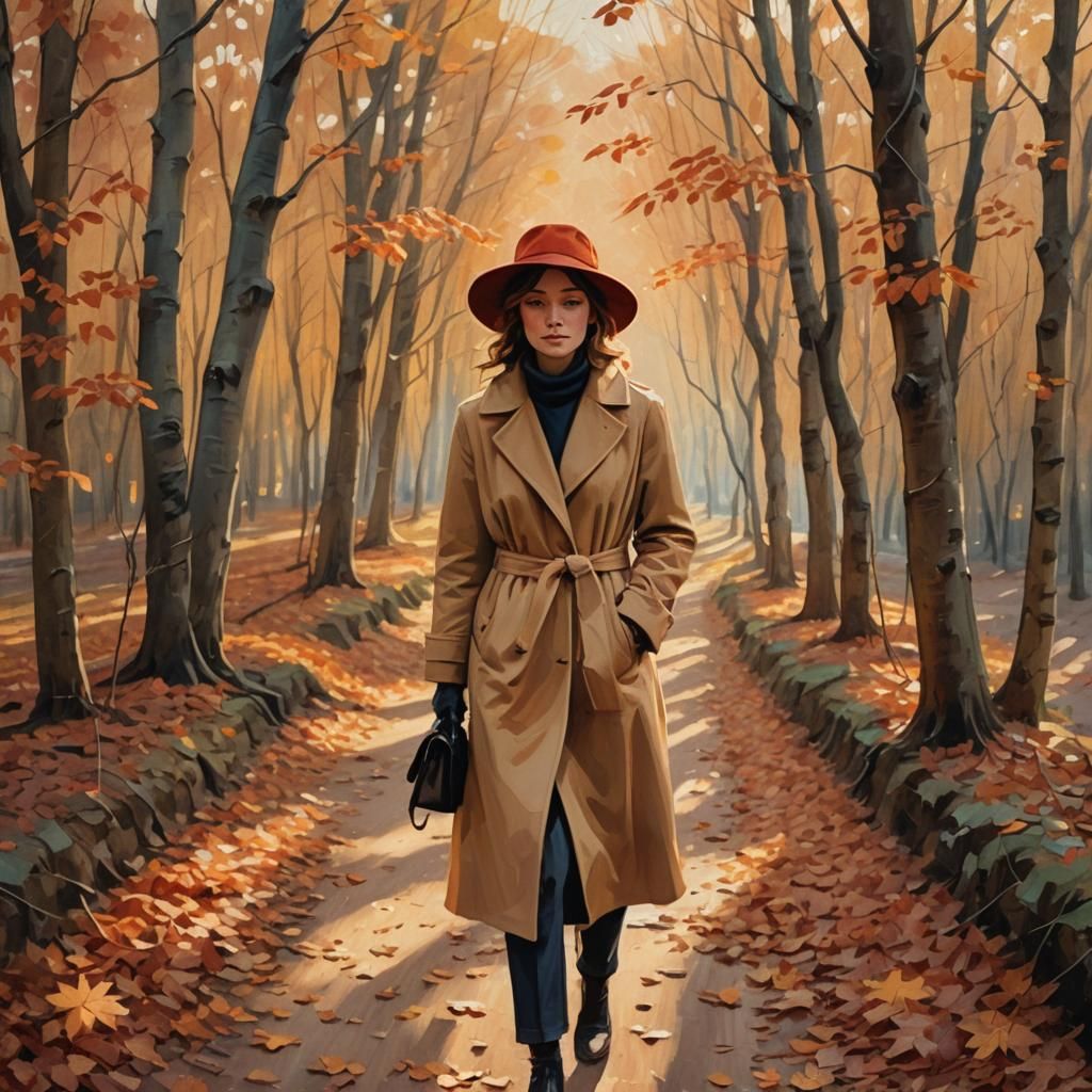 Autumnal Impressionism: Woman Strolls Through Forest