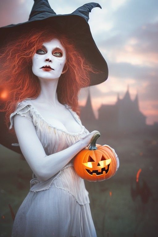 Halloween Witch with Pumpkins in Vintage Style