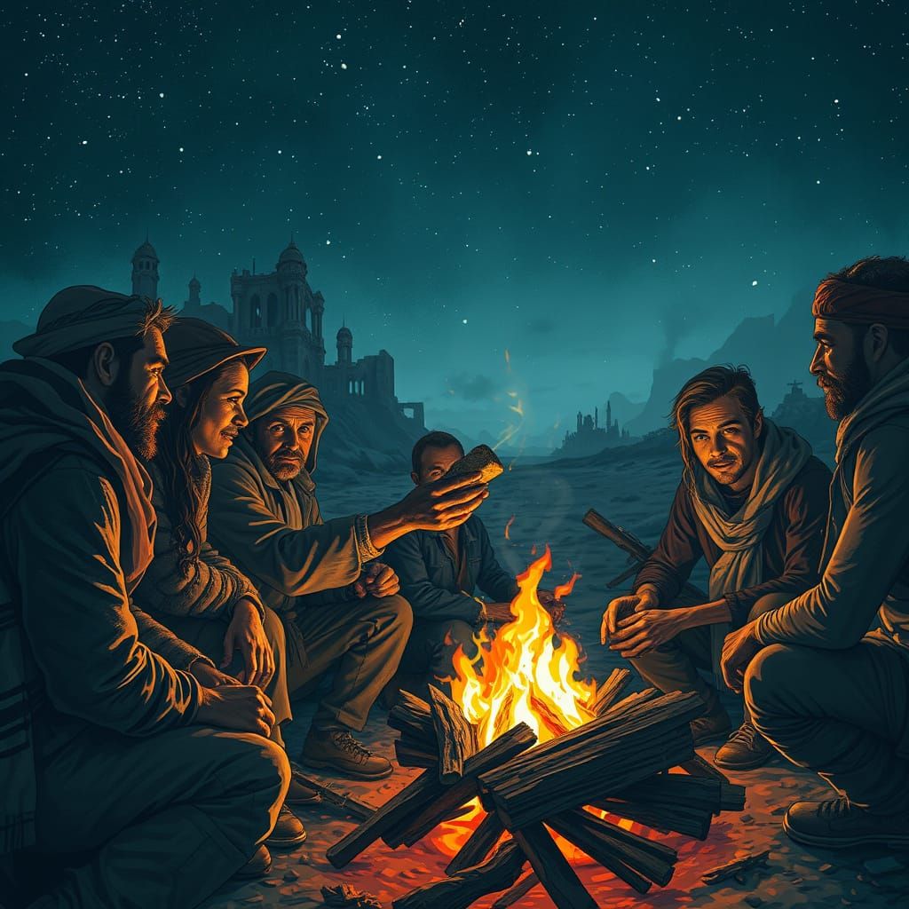 Survivors Share Hope Around Campfire in Ruined City