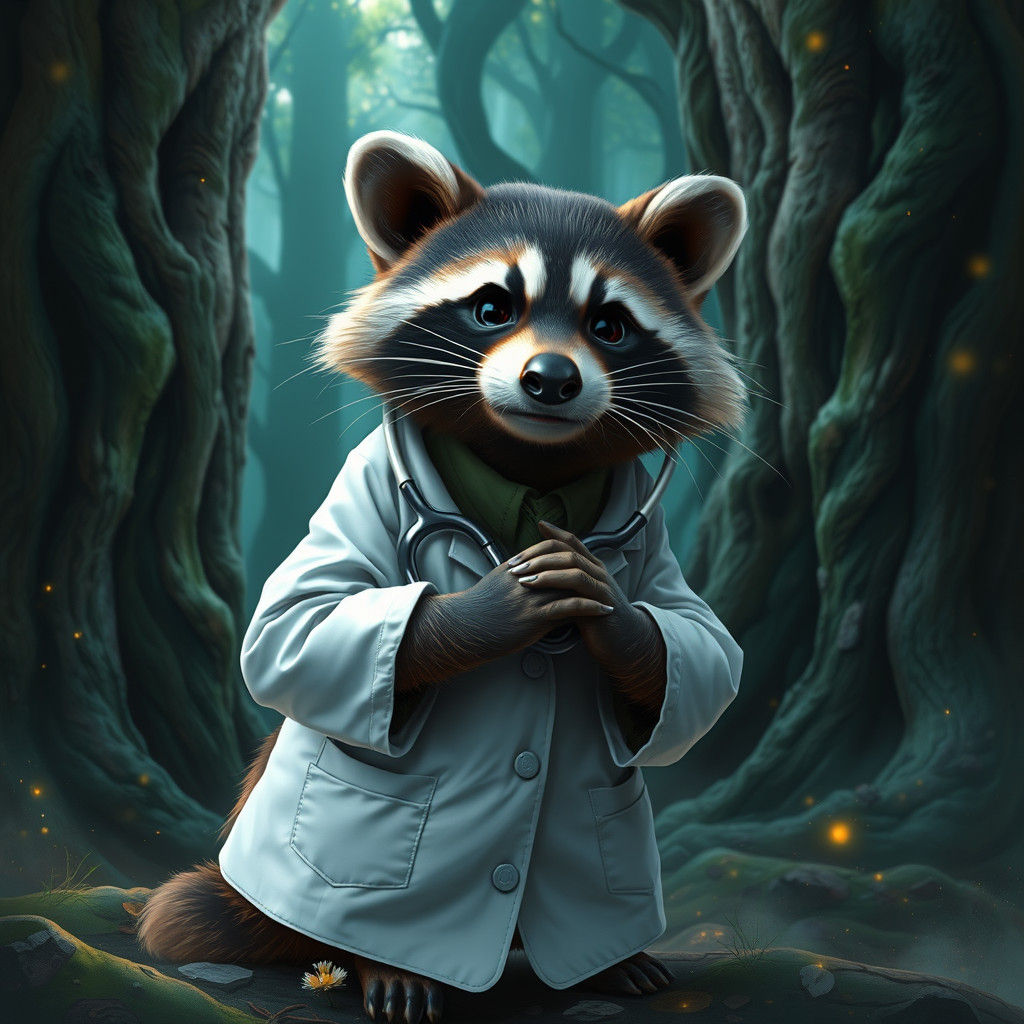 Raccoon Doctor in Mystical Forest, Fantasy Concept Art