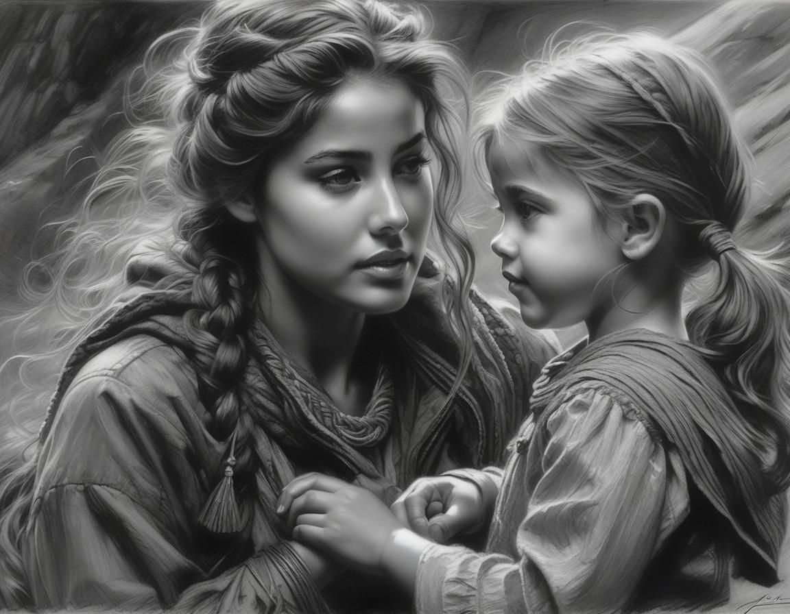 Grayscale Portrait: Woman Helping Girl Climb Mountain