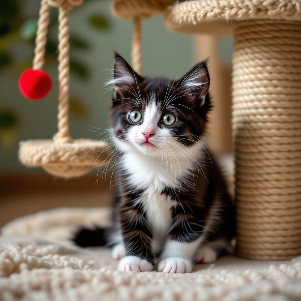 Kitten Tries to Climb Cat Tree in 3D Anime Style