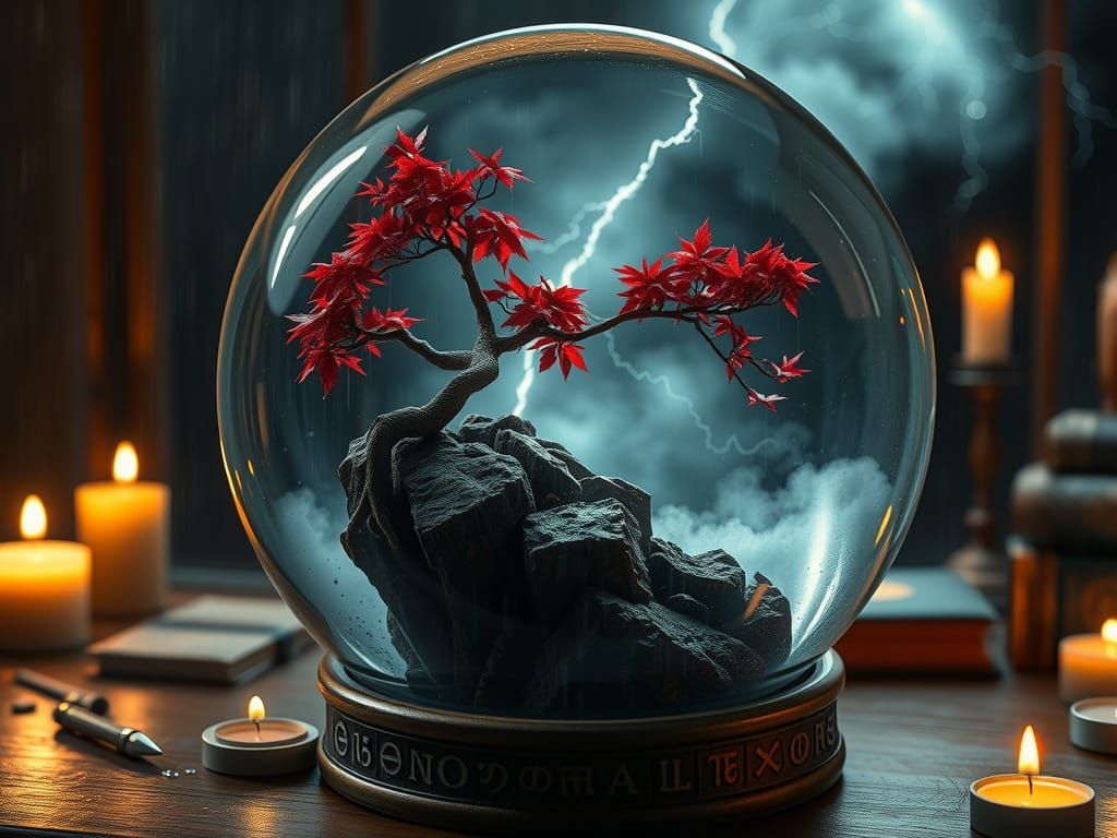 Crystal Ball Terrarium of Chaos with Stormy Bonsai