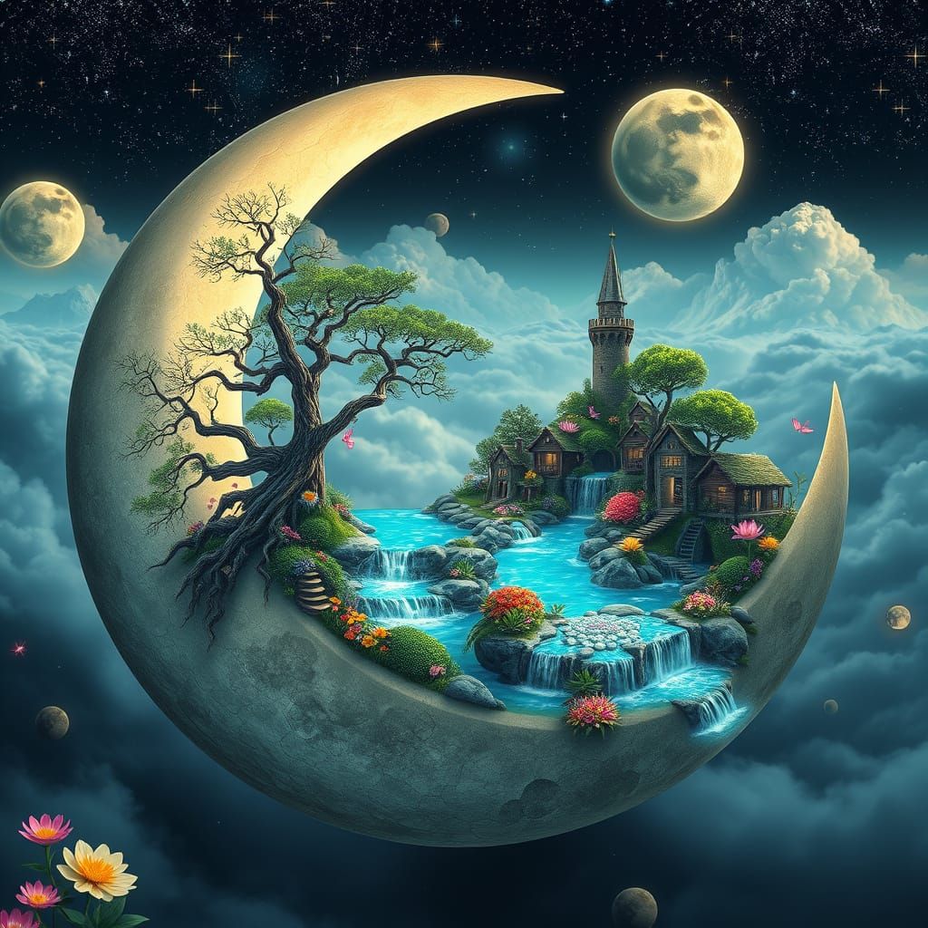 Ethereal Lunar Village in Vibrant, Hyper-Realistic Style
