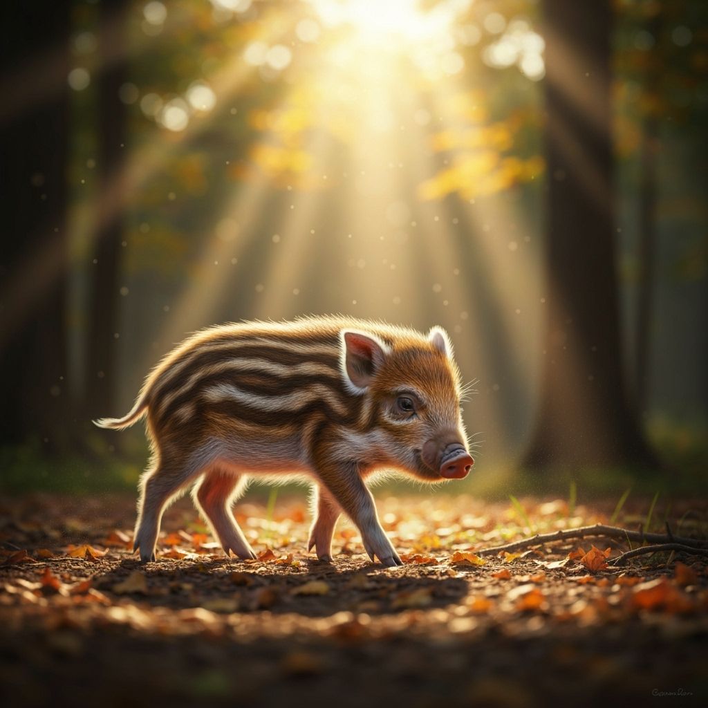 Curious Wild Boar Piglet in Autumn Forest