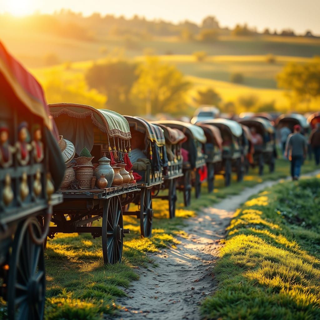 Gypsy Encampment at Dawn: Vibrant Travellers Load Colourful ...