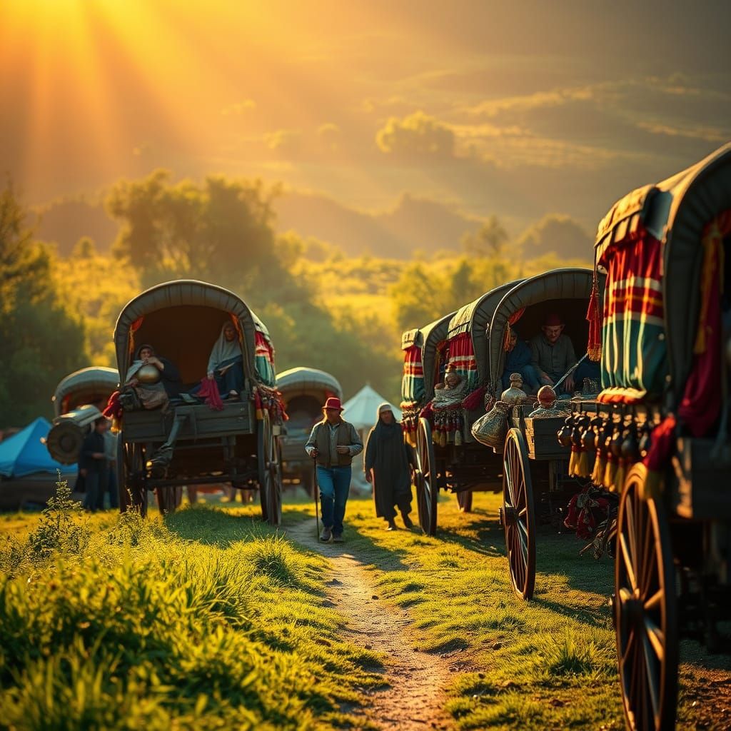 Gypsy Encampment at Dawn, Beautifully Crafted Wagon Life