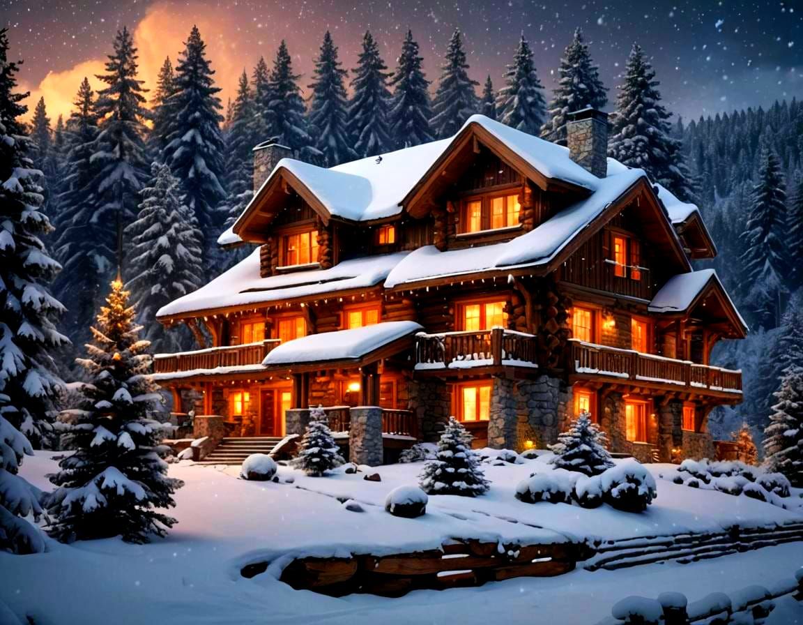 Majestic Snow-Covered Home in Winter Mountainscape
