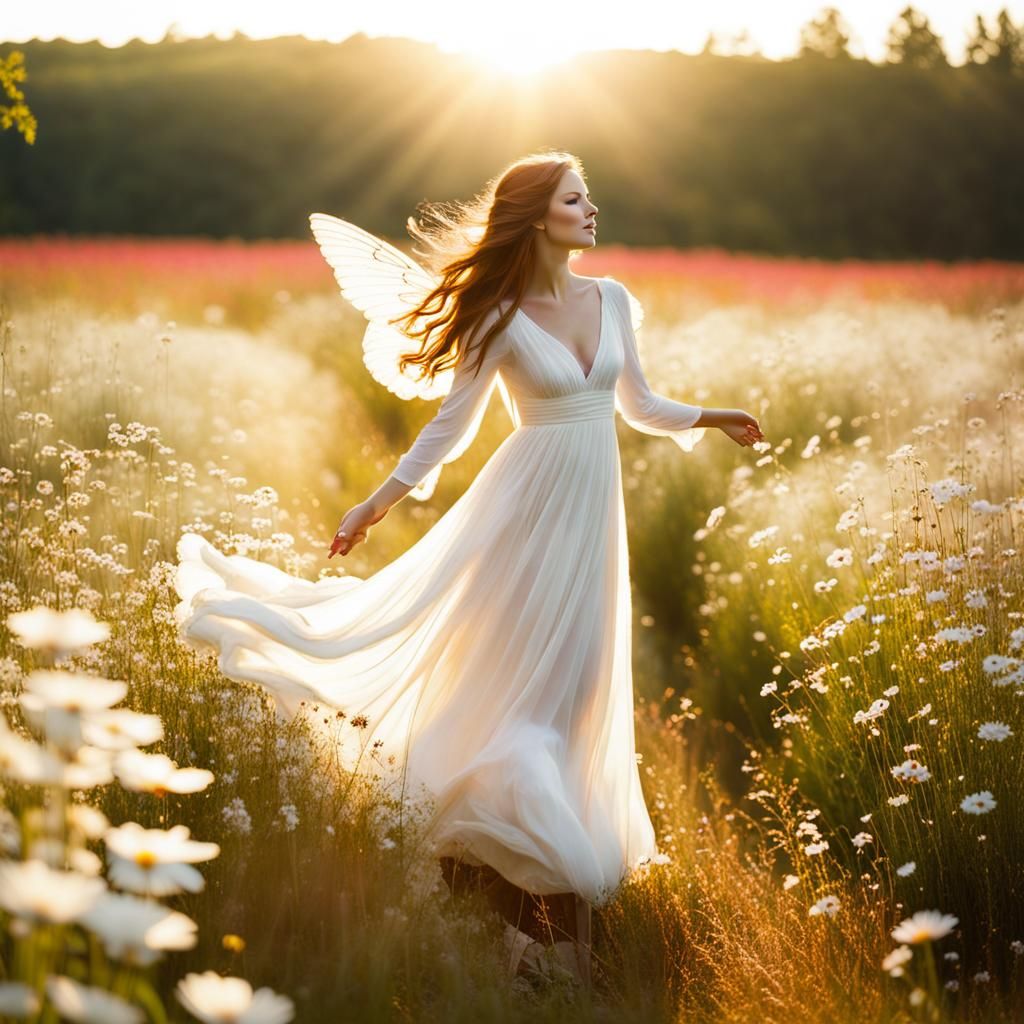 Summer Fairy Twirling in Flower Field