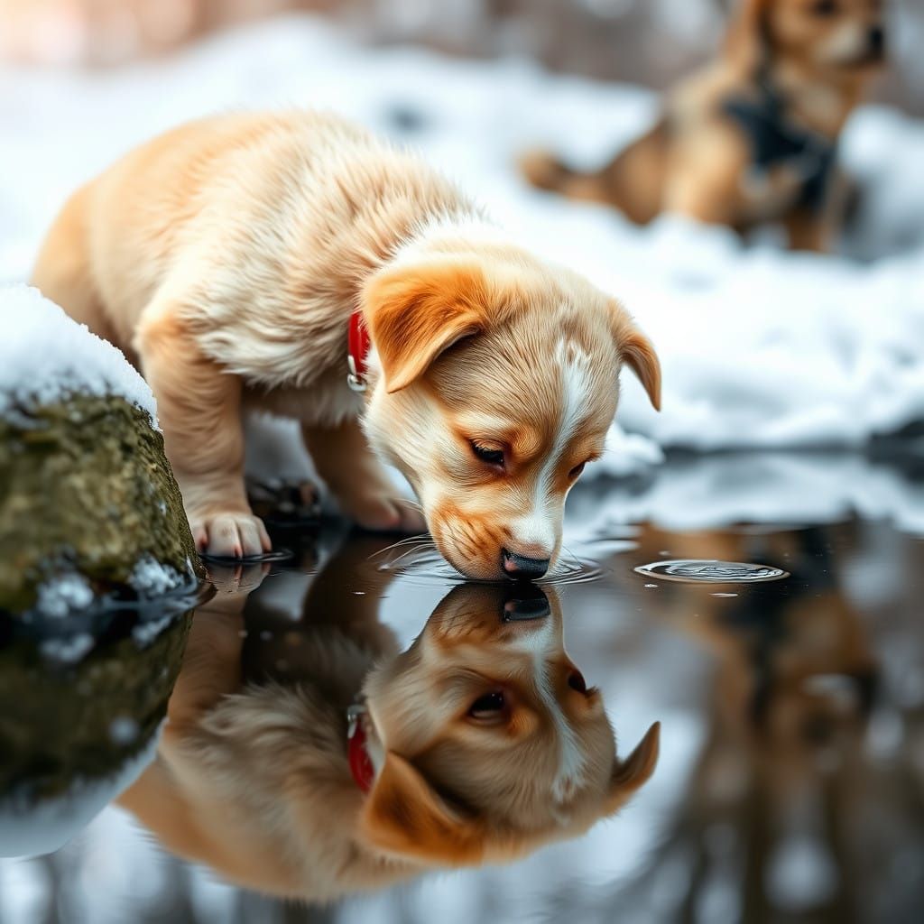 Playful Puppy Drinking from a Winter Wonderland Lake