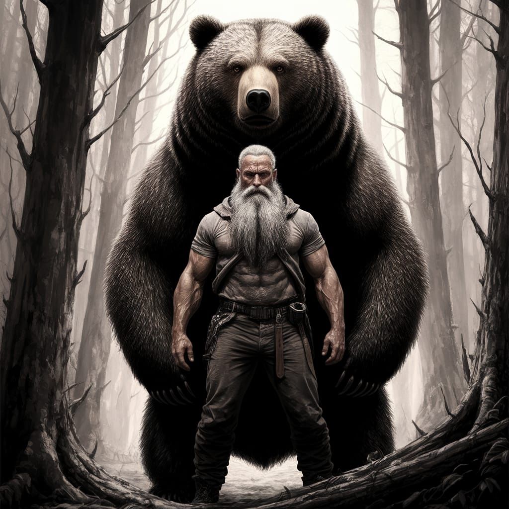 Mountain Man Stands Tall with Majestic Brown Bear in Hyper-D...