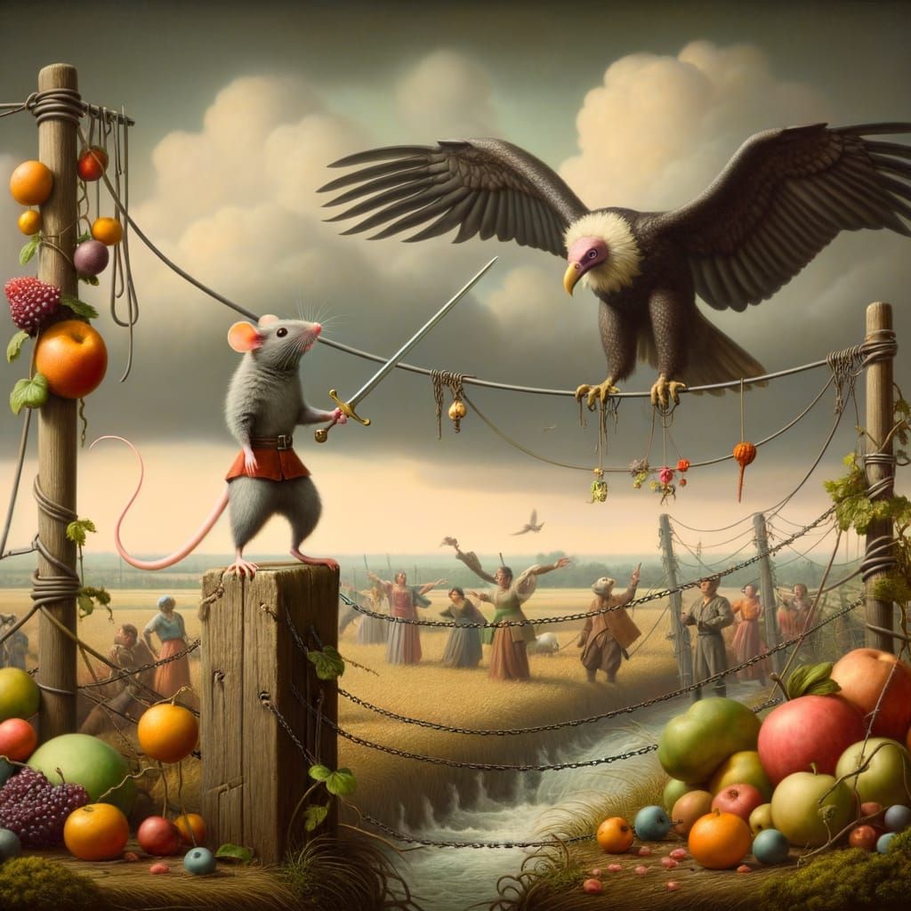 Mouse Confronts Vulture in Hyperrealistic Dreamscape