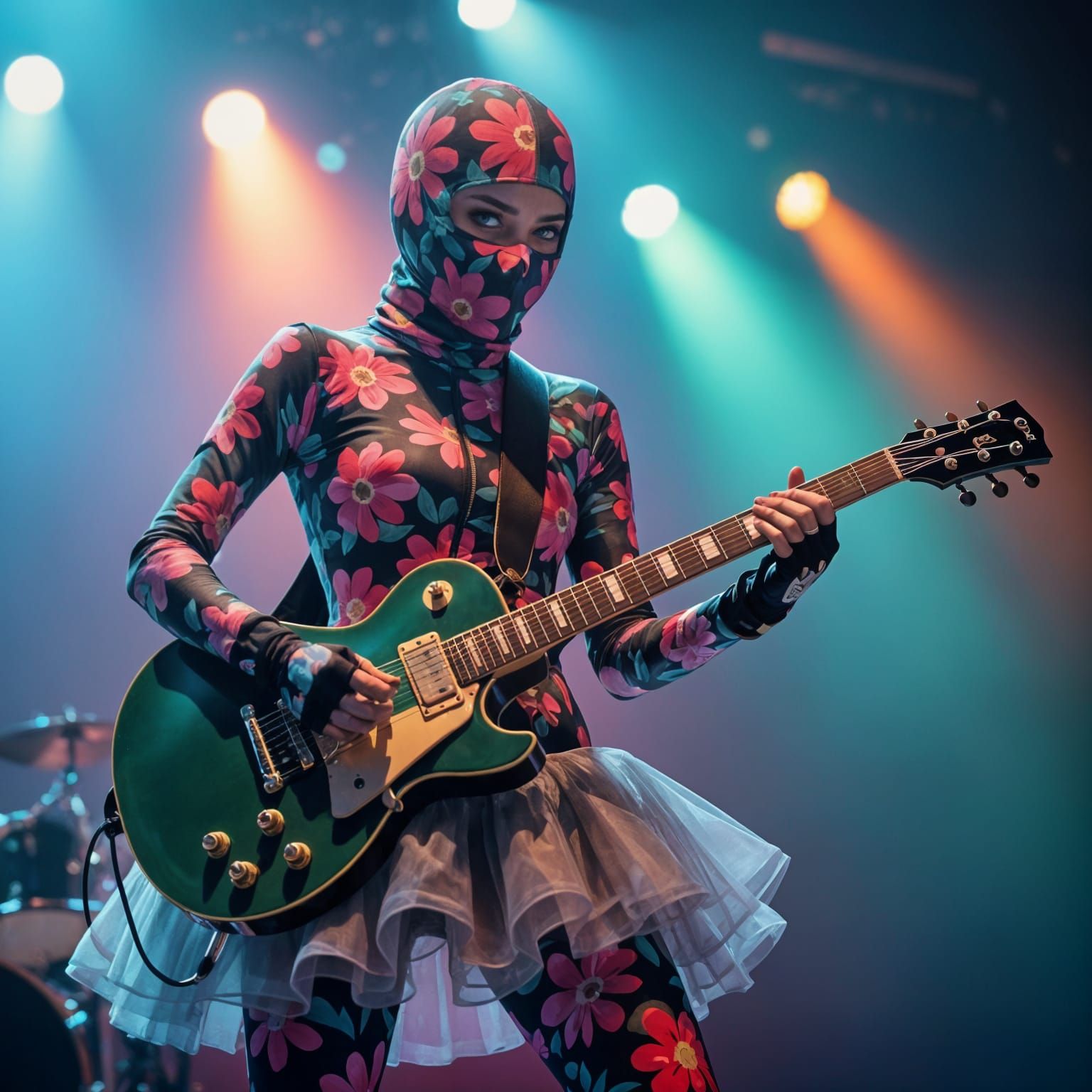 Rock Girl in Flower Zentai Suit Playing Guitar on Stage