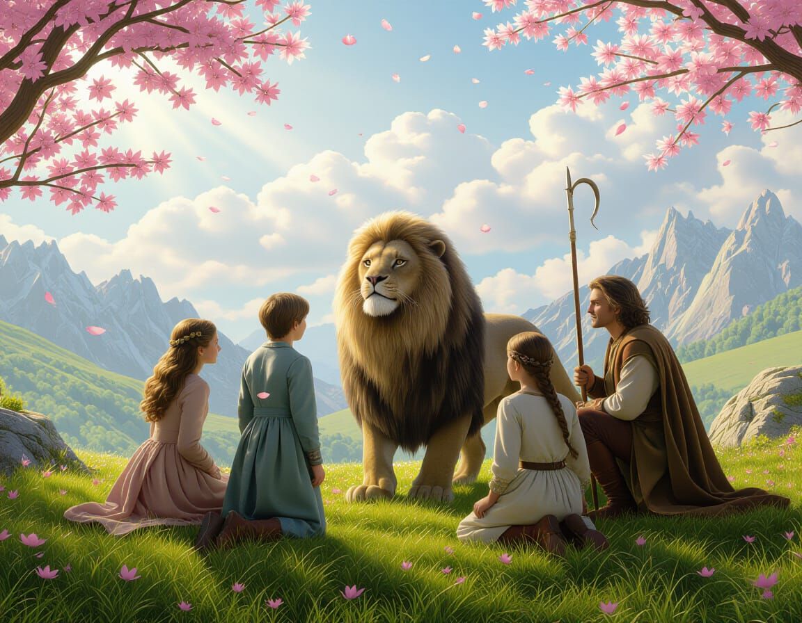 Pevensie Family and Aslan in Spring
