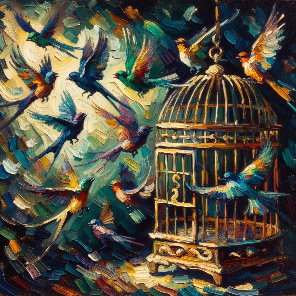 Colorful Birds Take Flight From Golden Cage