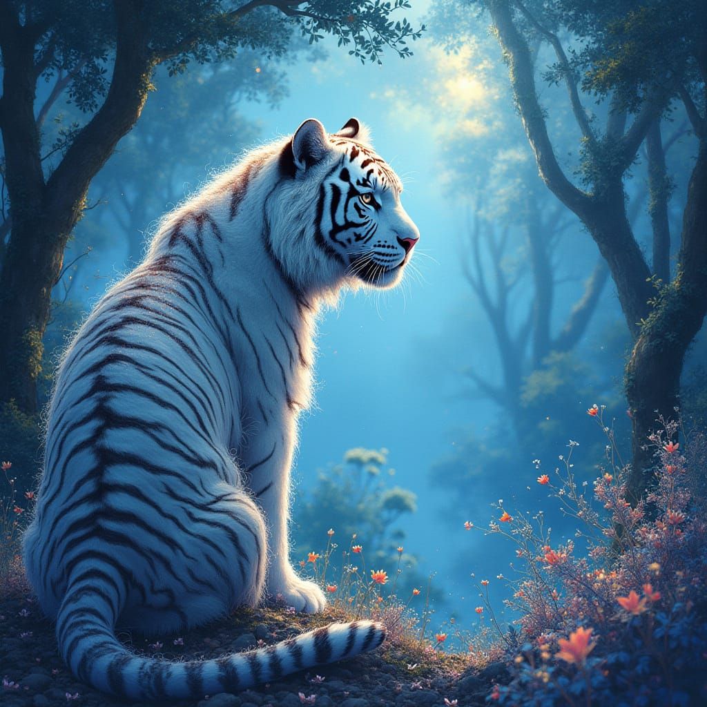 White Tiger in Bioluminescent Jungle, Digital Art