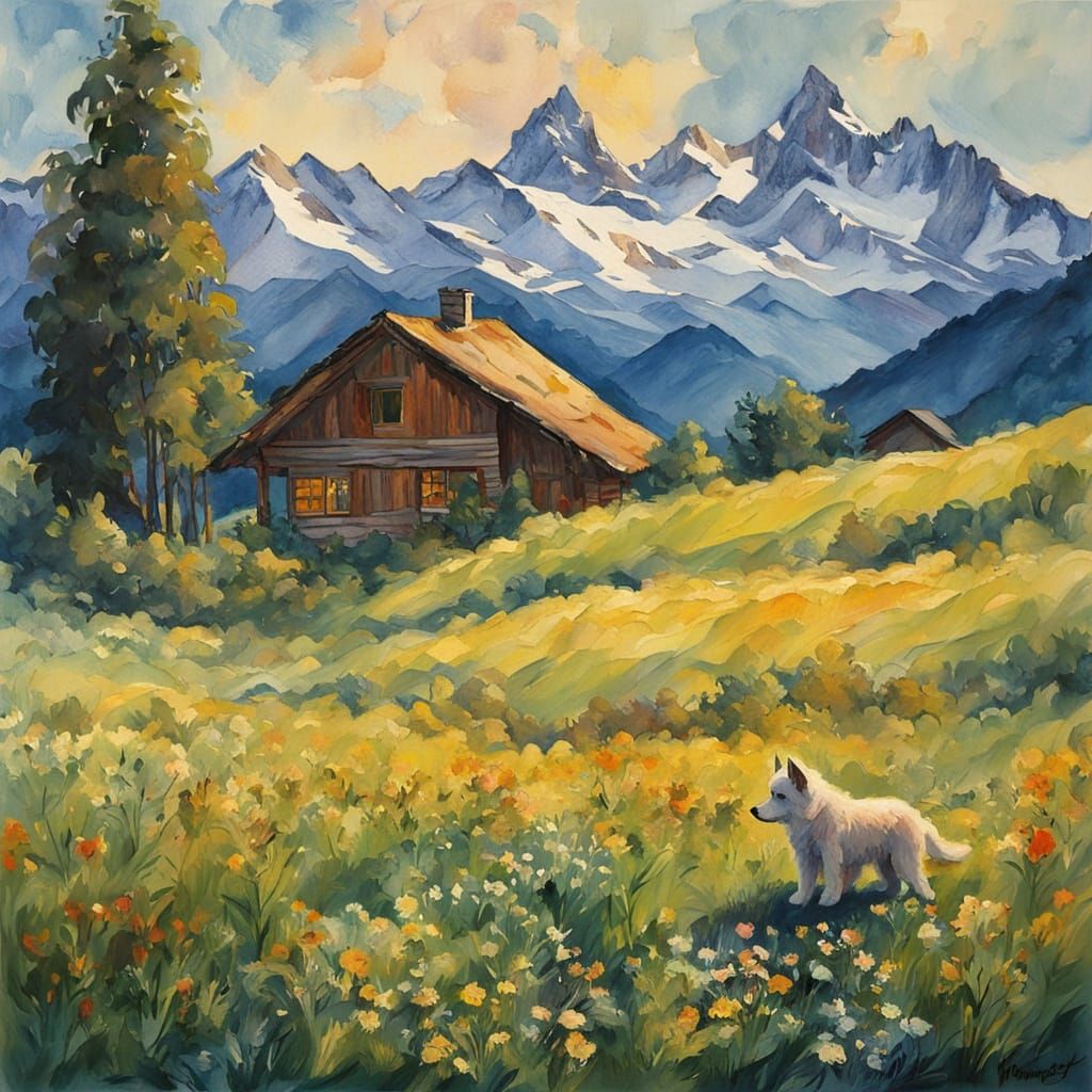 Swiss Alps Puppy Chasing Butterfly in Golden Hour