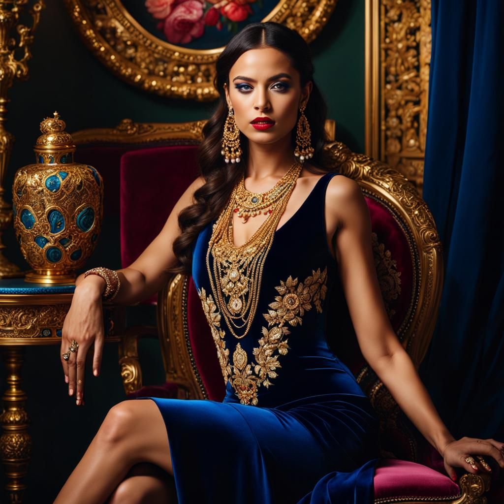 Extravagant Portrait of Girl in Blue Velvet Dress