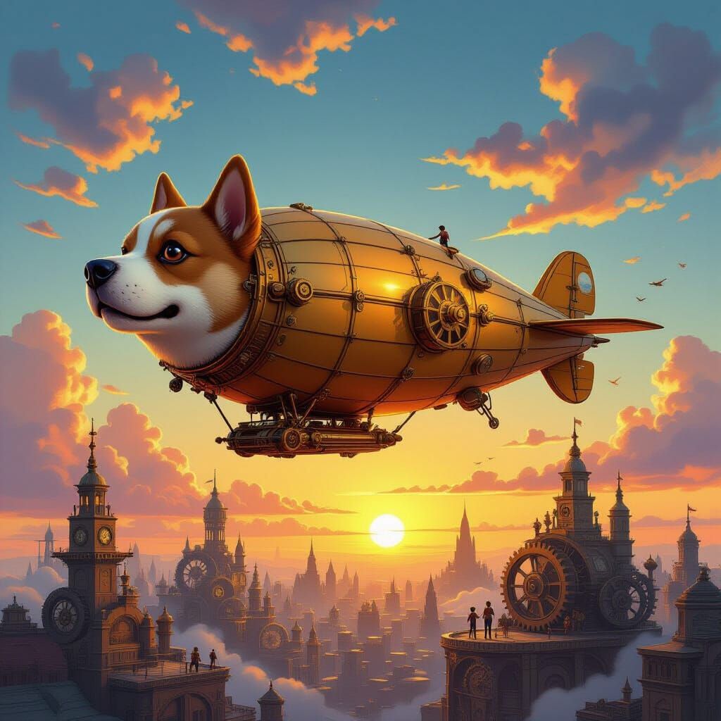 Steampunk Dog Airship Above Clockwork City at Sunset